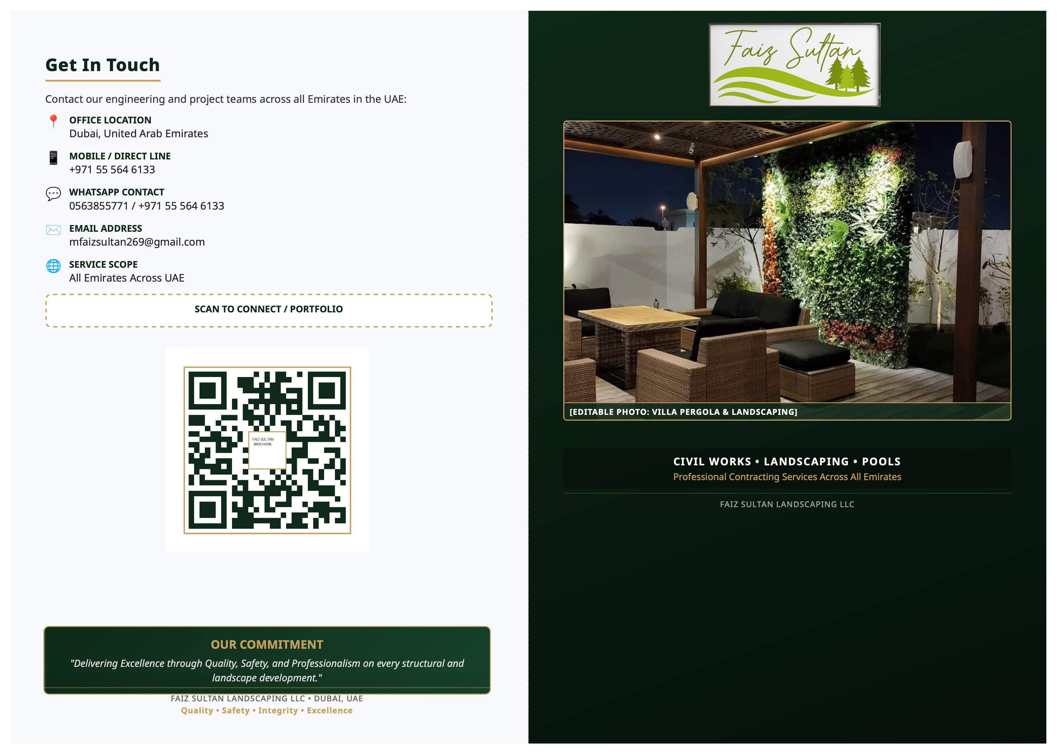 Faiz Sultan Landscaping LLC Brochure Page 1 - Contact & Profile