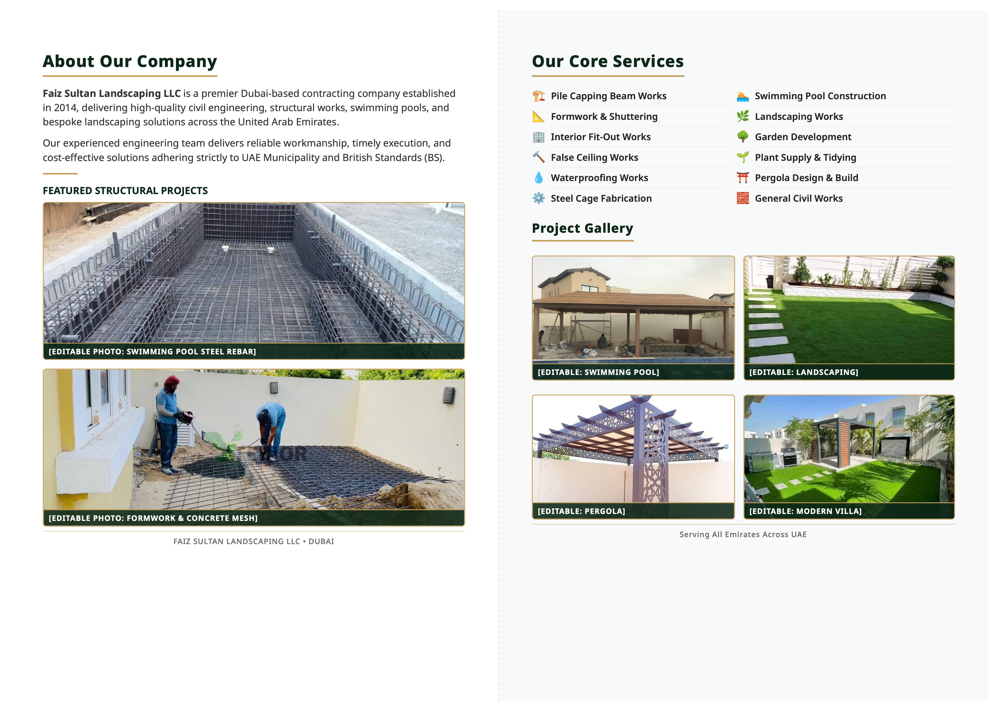 Faiz Sultan Landscaping LLC Brochure Page 2 - Core Services & Projects